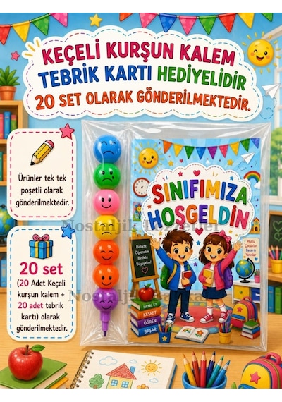 20 Adet Okula Yeni Başlayan Öğrencilere Sınıfımıza Hoşgeldin Yazılı Hediye Seti 1. Sınıf- Sene Başı Hatırası Keçeli Kalem Tebrik Kartı Hediyeli
