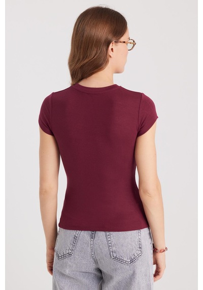 Tudors Kadın Regular Fit Klasik Kesim Bisiklet Yaka Viskon Kumaş Ultra Soft Bordo Tişört-37793 Bordo