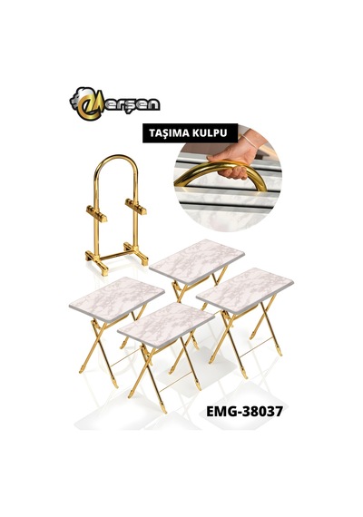 Eranş Serisi 4'lü Katlanır Mdf Mebran Ahşap Çanta Zigon Sehpa Gold Ayak Beyaz Mermer Desen Gold Ayak