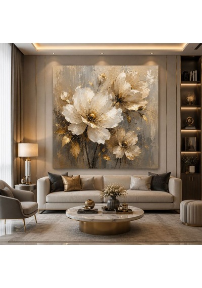 Gold Çiçek Desenli Kare Kanvas Tablo Bej Krem Modern Luxury Salon, Yatak Odası Ve Antre Duvar Dekoru Premium Çerçevesiz Floral Kanvas Tablo