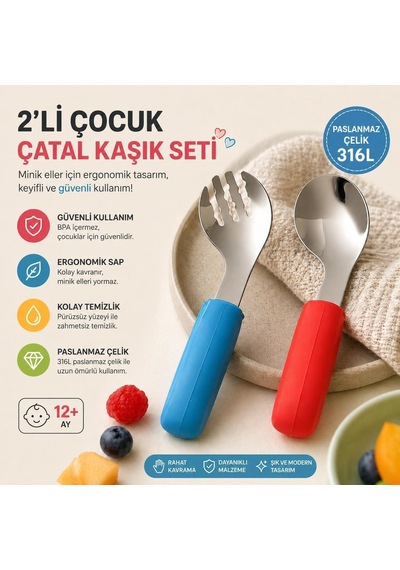 Valkyrie 2'li Çocuk Çatal Kaşık Seti 316l Paslanmaz Çelik Ergonomik Saplı Bebek Kaşık Seti Mavi-turuncu Genel