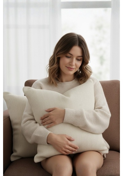 Chevron Bohem Dekoratif Punch Yastık Kırlent Kılıfı Krem 45 x 45