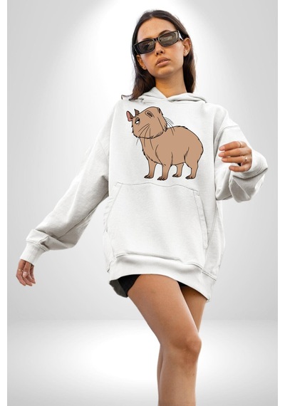 Chispi Kadın Erkek Beyaz Kapüşonlu Sweatshirt Hoodie Beyaz