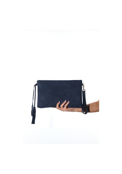 Morden Lacivert Süet Hakiki Deri Kadın Clutch Çanta