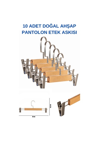 A Kalite 10 Adet Lamine Doğal Ahşap Mandallı Pantolon Askısı Etek Ahşap