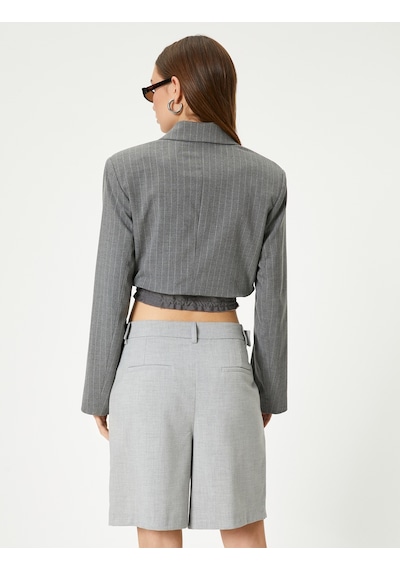 Koton Crop Blazer Ceket Bel Detaylı Bağlamalı Kruvaze Ters Yaka Gri Çizgili 4sal50012ıw Gri
