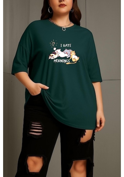 Büyük Beden Uyuyan Kediler Unisex Tişört Yeşil