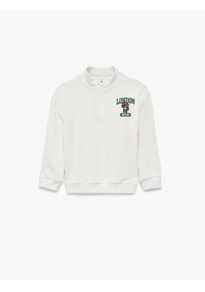 Koton Ayıcık Detaylı Yarım Fermuarlı Uzun Kollu Dik Yaka Oversize Sweatshirt Ekru 7wmb10066tk