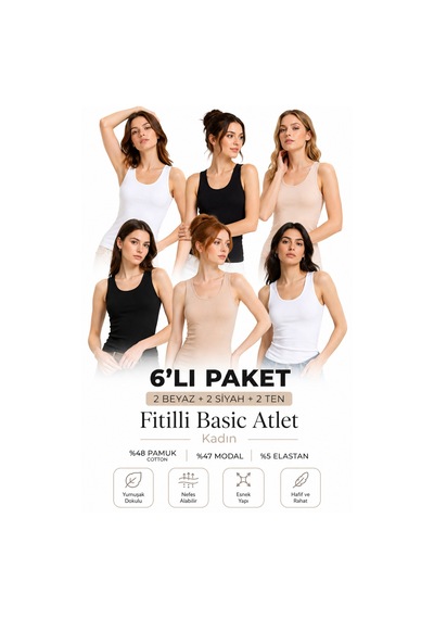 Loule Kadın 6'lı Kalın Askılı Atlet 2 Ten-2 Siyah-2 Beyaz Modal Pamuk Çok Renkli