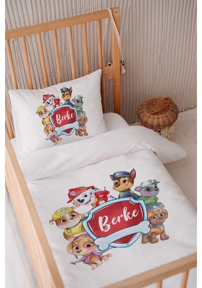 %100 Pamuk Saten Isme Özel Isimli 100x150 Bebek Yatak Nevresim Seti Köpek Kahramanlar Takımı