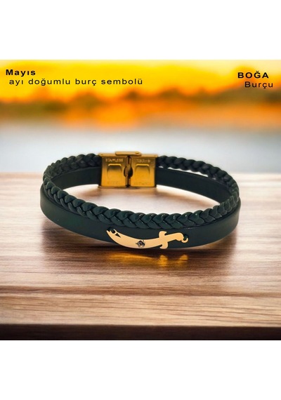 Boğa Burçlarına Kılıc Motifli Koyu Yeşil Derili 14 Ayar Altın Plakalı Hediye Bileklik-385burç Boğa