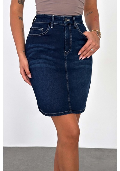 HLT Jeans Blue Black Kadın Regular Fit Yüksek Bel Orta Boy Denim Kot Etek Alice-4010 Mavi - Siyah