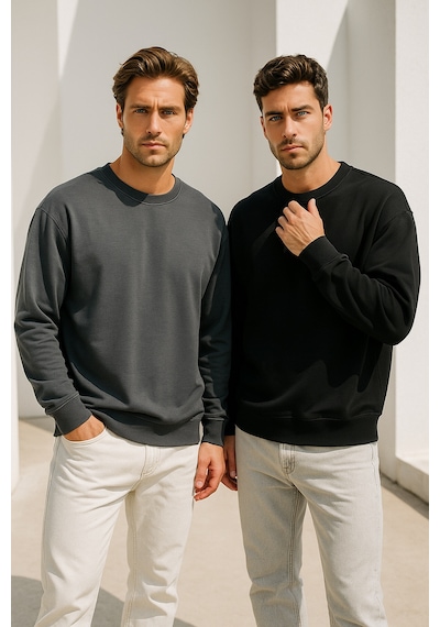 Rich Erkek 2'li Paket Siyah - Antrasit Bisiklet Yaka Scuba Basic Sweatshirt Siyah