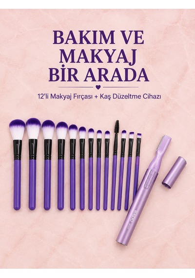 12 Li Mor Makyaj Fırça Seti Ve Kaş Düzeltme Cihazı Kadın Makyaj Ve Kişisel Bakım Seti - Lisinya