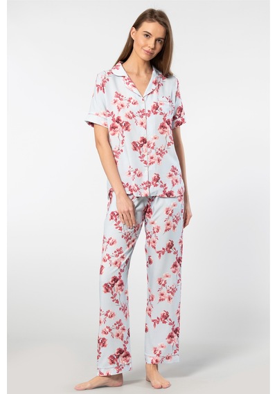 Türen Kadın Desenli Kısa Kol Dokuma Pijama Takımı Mavi