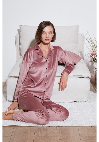 Lela Regular Fit Parlak Kadife Ribanalı Bayan Pijama Takımı 6097110 Pudra