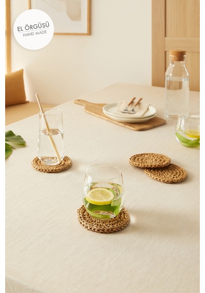Ocean Home Textile 4'lü Bej Renk Rafya Bardak Altlığı Ø 11 cm