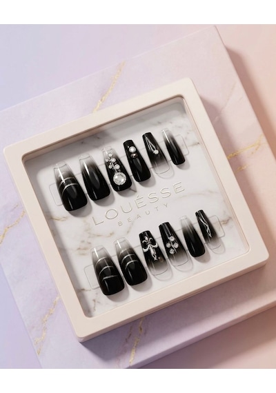 Louésse Obsidian Shine Takma Tırnak Seti 12 Li Siyah Ombre Taşlı & Parlak Geçişli Şık Model