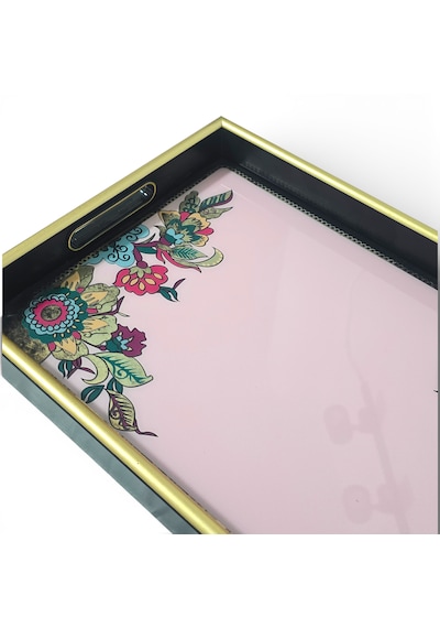 Sudedi Home Pembe Zeminli Çiçek Desenli Altın Çerçeveli Melamin Sunum Tepsisi 31x46 Cm Pembe