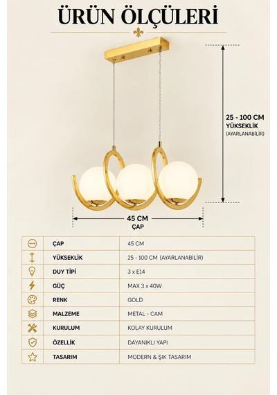 Modern Premium Gold 3'lü Sarkıt Avizesi Ampül Hediyeli Küreli Lüks Salon Mutfak Modelleri E14 Duy