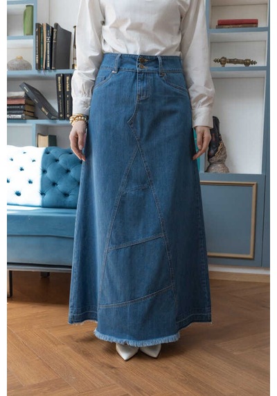 2290-denim Parçalı Etek Koyu Mavi Koyu Mavi