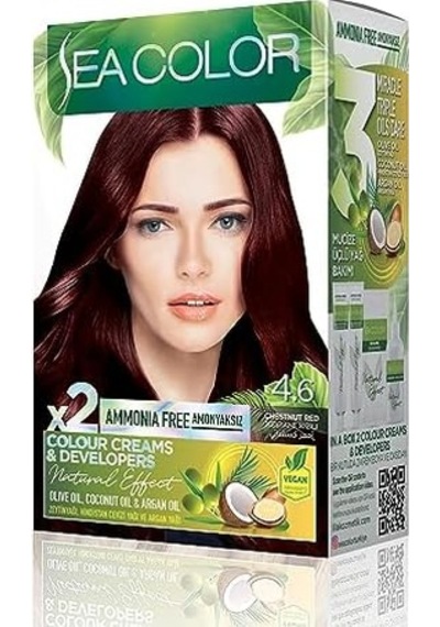Amonyaksız, Vegan, Doğal, Besleyici Kalıcı Saç Boyası%100 Beyaz Kapama 1 Paket 2 X 50 Ml Boya & Oksidan Kestane Kızılı 4.6