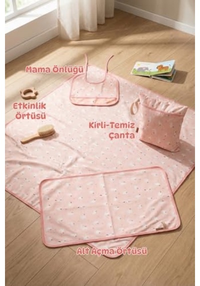 Sıvı Geçirmez 4'lü Bebek Çocuk Alt Açma Etkinlik Örtüsü Çanta Mama Önlük Aktivite Seti Pastel