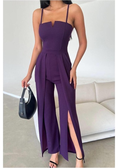 DefyModa Kadın Krep Kumaş Yırtmaçlı Askılı Tulum Mor