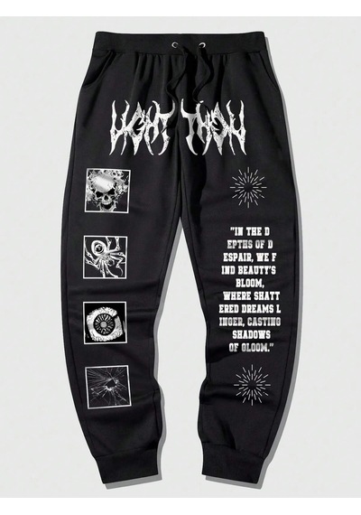 Goth Guys Slogan & Skull & Spider Graphic Drawstring Waist Eşofman Altı Siyah