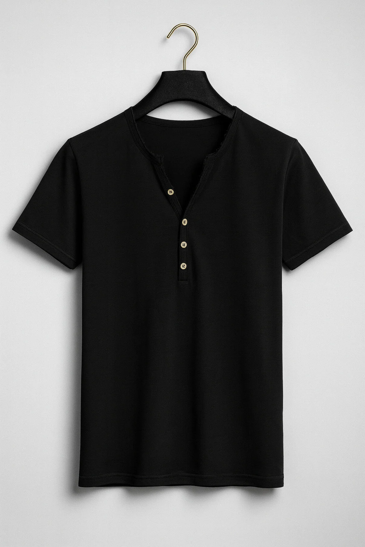 Özel Üretim Henley Yaka Düğmeli Açık Geniş Yaka Tişört T Shirt Siyah
