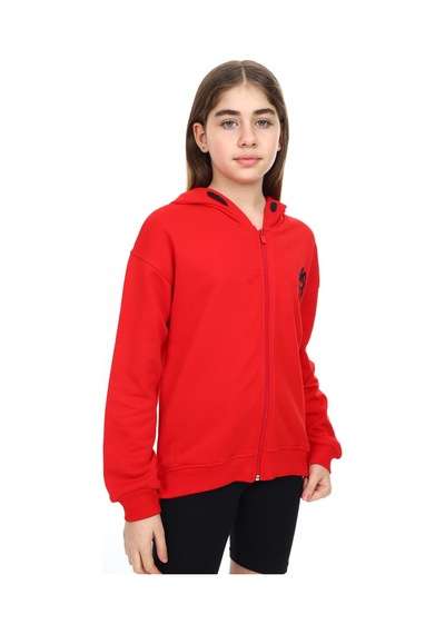Toontoy Kız Çocuk Kapüşonlu Fermuarlı Düşük Omuz Nakış Baskılı Yırtmaç Detaylı Örme Hırka - 3 İplik Şardonsuz Kırmızı