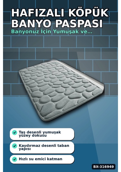 Hafızalı Köpük Banyo Paspası Gri Kaydırmaz Tabanlı Emici Ayak Paspas 1 Adet Bx-316949 Diğer