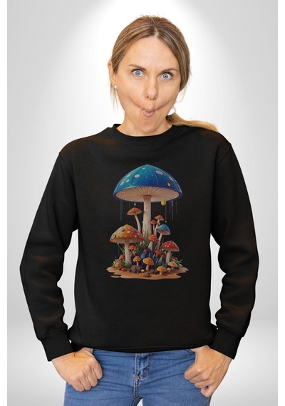 Renkli Mantar Süsler Unisex Siyah Baskılı Sweatshirt Siyah
