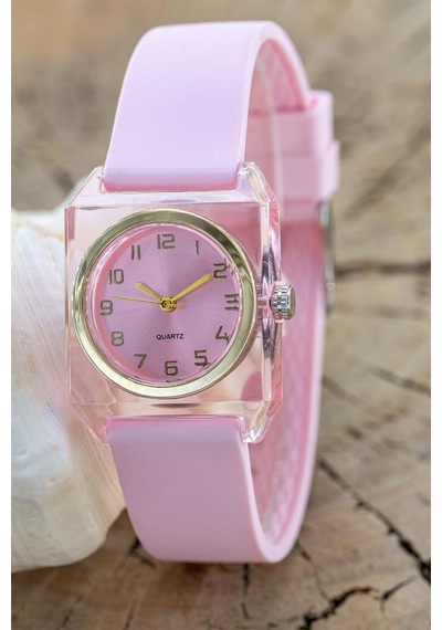Kadın Kol Saati Pembe Silikon Kordon Şeffaf Kare Kasa Analog Kadran St-304452