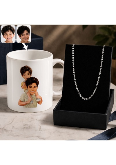 Bk Gift Kişiye Özel Baba&çocuk Karikatürlü Beyaz Kupa & Forse Zincir Kolye -1, Babalar Günü Hediyesi Gümüş