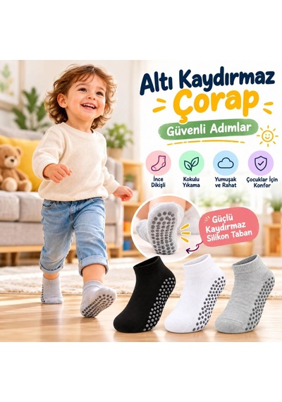 Woman And Kids Wak Çocuk Kaydırmaz Tabanlı Patik Çorap 3'lü Set Siyah Beyaz Gri Yumuşak Esnek Kokulu Günlük Çorap Rahat Çok Renkli