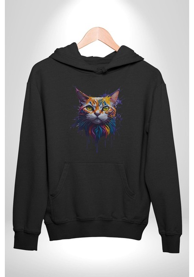 Şimşek Yağmur Kedi Kadın Erkek Siyah Kapüşonlu Sweatshirt Hoodie Siyah
