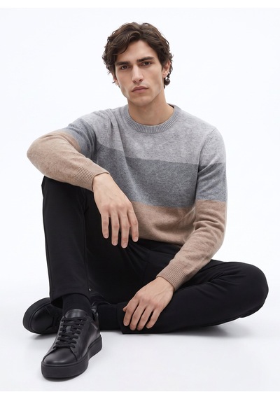 Fabrika Gri Erkek Bisiklet Yaka Slim Fit Blok Triko Kazak F6wm-kzk 2024 Çok Renkli