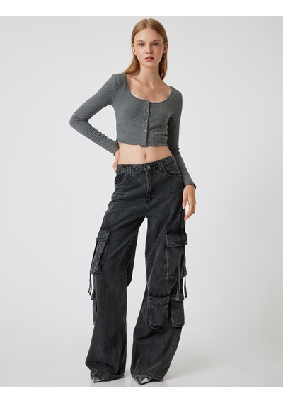 Koton Uzun Kollu Tişört Crop U Yaka Düğmeli Slim Fit Antrasit 5wal10225ık Antrasit