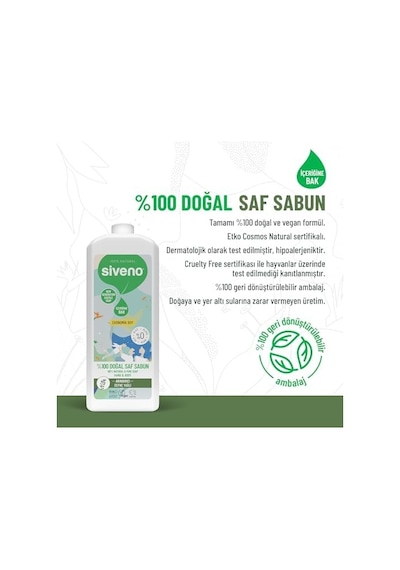 Siveno %100 Doğal Sıvı Kastil Sabun Yağlı Yoğun Nemlendirici Arındırıcı Bitkisel Vegan 1000 Ml