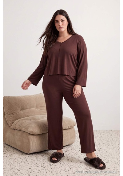 Laperissa Curve Koyu Kahverengi V Yaka Süprem Örme Büyük Beden Pijama Takımı
