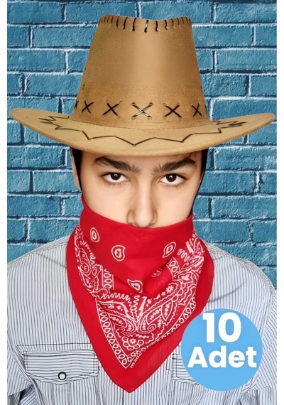 Uniquetrenders Çocuk Unisex Bandanalı 10'lu Nubuk Kovboy Şapkası 8-14 Yaş Cappuccino 2