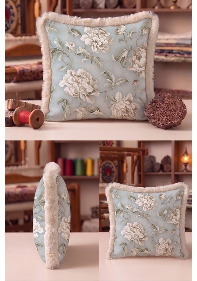 Çiçek Vintage Şakayık Saçaklı Yastık Kılıfı - Romantik Floral Vizon Krem Püsküllü Kırlent Kılıfı Haki