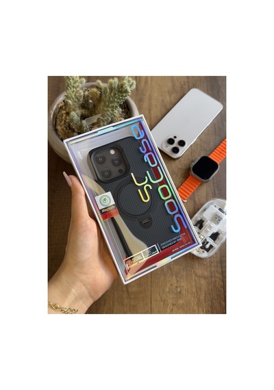 İphone 15 Pro Uyumlu Karbon Desenli Standlı Ve Magsafe Uyumlu Kılıf Soocase700