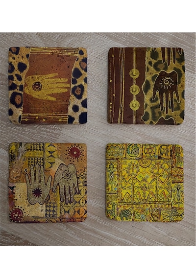 Afrika Etnik Desenler Doğal Taş Bardak Altlığı 4'lü Set - Natural Stone Coasters - Taş Çok Renkli