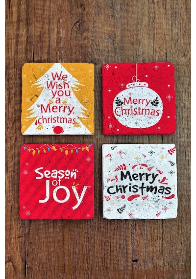 Doğal Taş Bardak Altlığı 4'lü Set 10x10x1 Cm Yılbaşı, Yeni Yıl, Merry Christimas-stone Coasters Çok Renkli