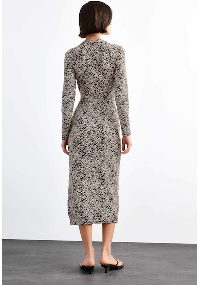 Defacto Leopar Desenli Twill Uzun Kollu Midi Elbise G0737ax25smbk81 Siyah