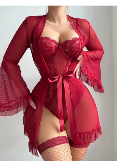 Trend Dokunuş Kadın Kırmızı 3'lü Dantel Detaylı Kuşaklı Çoraplı Bodysuıt Tül Sabahlık 3'lü Romantik Gecelik Takımı