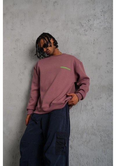 Erkek Bisiklet Yaka Baskılı 3 İplik Pamuklu Sweatshirt - Gül Kurusu Gülkurusu