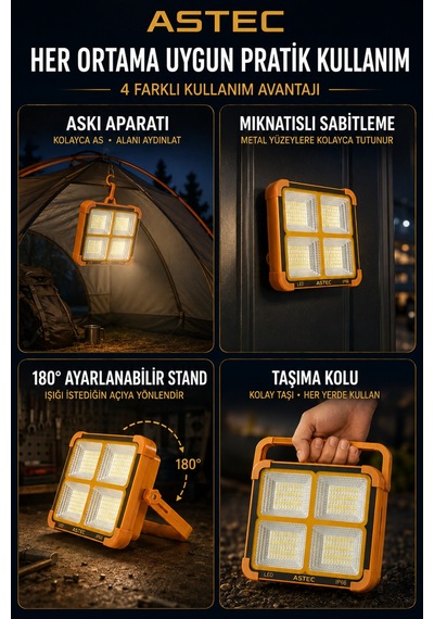 Astec Solar 200w Şarjlı Led Projektör Mıknatıslı Powerbank 4 Modlu Sarı Beyaz Çakar Taşınabilir Kamp Lambası
